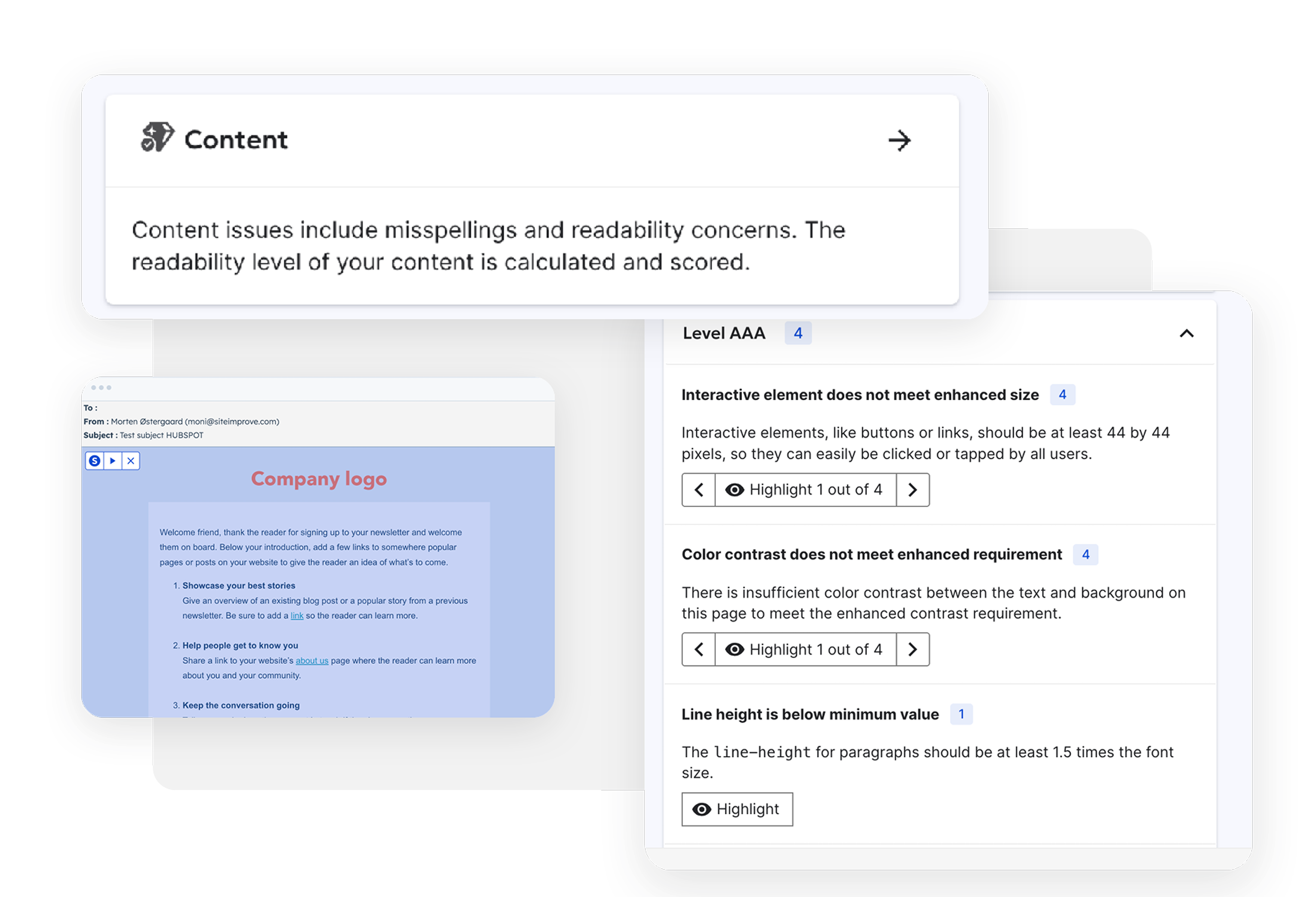 Screenshot of Siteimprove's content analysis tool identifying readability and accessibility issues. Highlights include small interactive elements, poor color contrast, and insufficient line height.