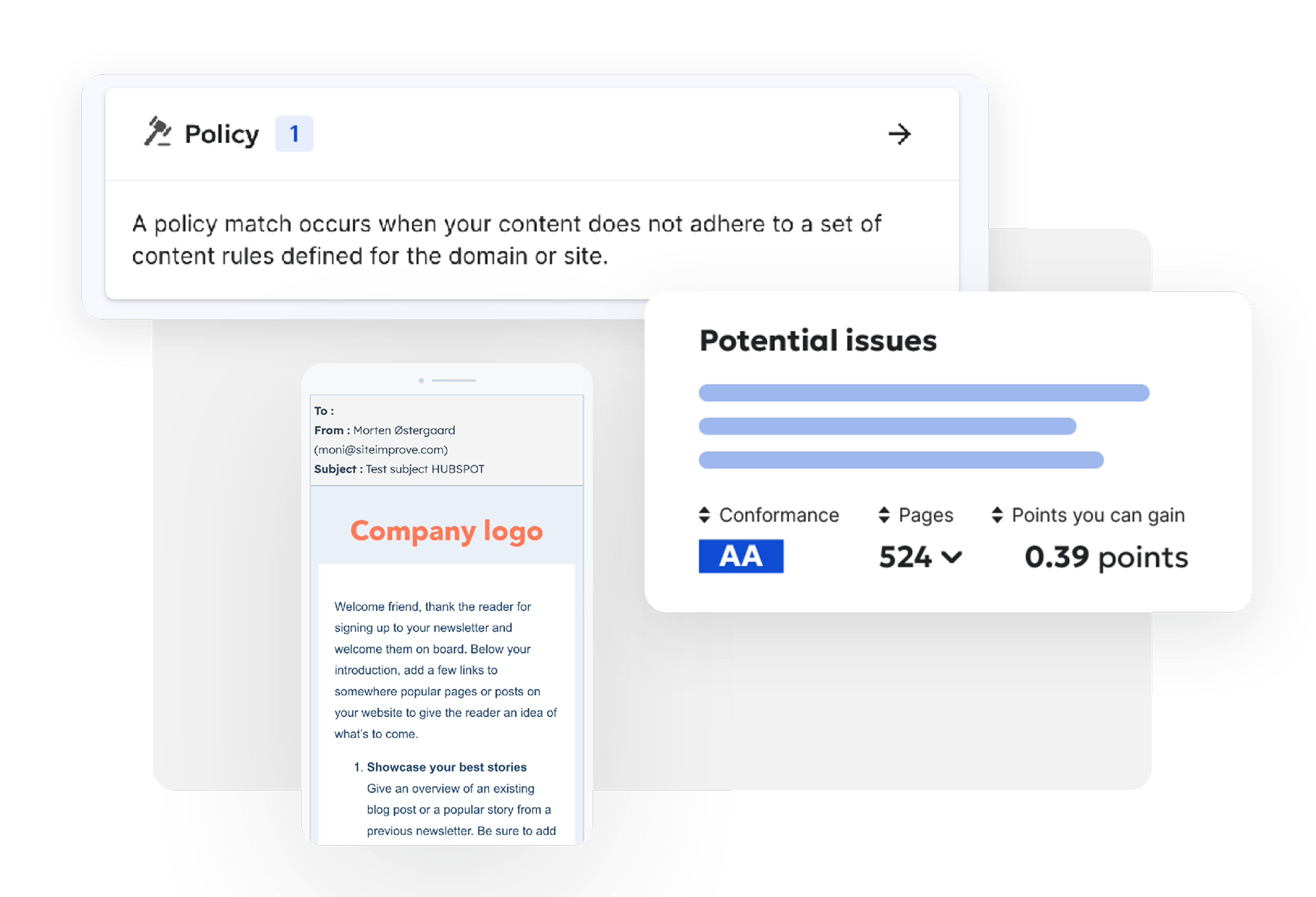 Screenshot of Siteimprove's policy compliance tool detecting a content policy issue. It also highlights potential accessibility issues, WCAG AA conformance, and affected pages.