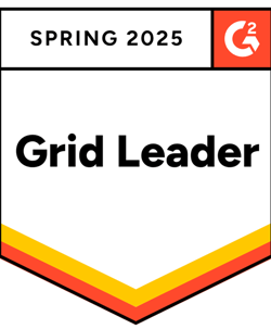 Award badge shaped like a shield with the 'Spring 2025' and the 'G2' logo at the top, and a banner across the middle stating 'Grid Leader'.