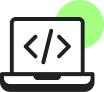 Computer with code brackets with green circle.