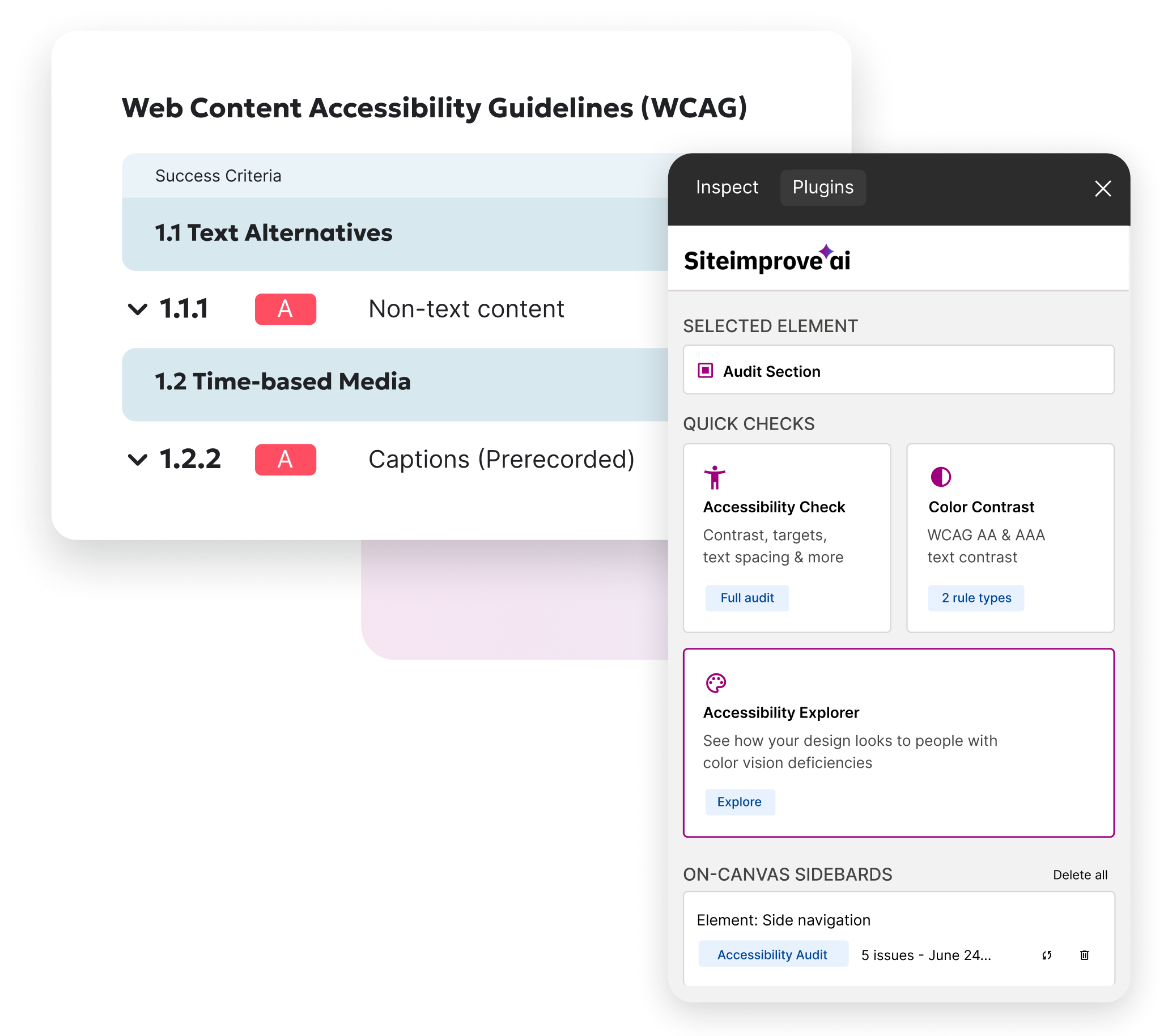 Siteimprove AI Figma plugin for auditing designs against WCAG accessibility guidelines and compliance requirements.