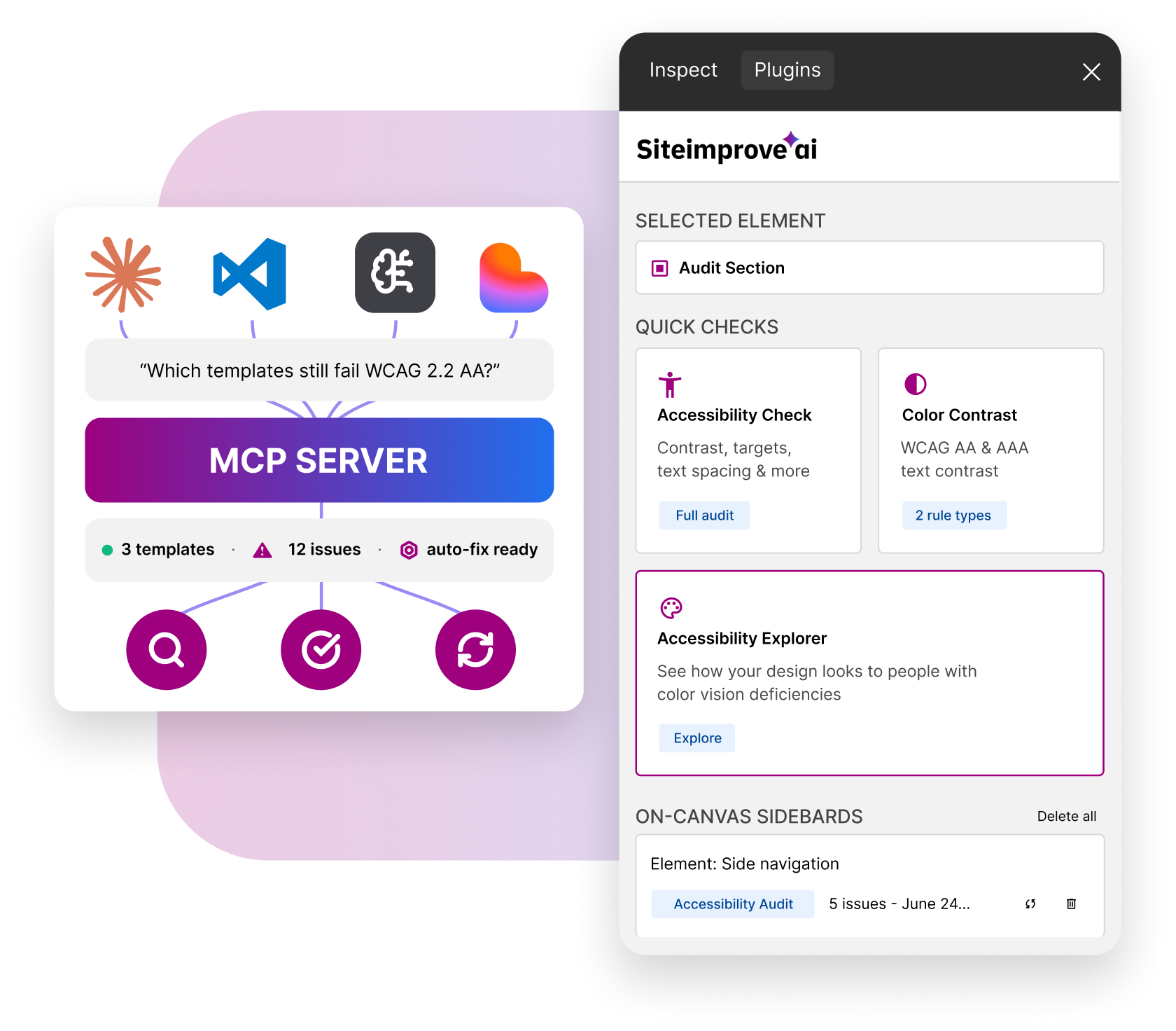 Siteimprove AI Figma plugin and MCP server for auditing, identifying, and fixing WCAG 2.2 accessibility issues.
