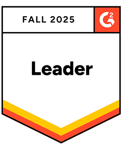Award badge shaped like a shield with the 'Fall 2025' and the 'G2' logo at the top, and a banner across the middle stating 'Leader'.