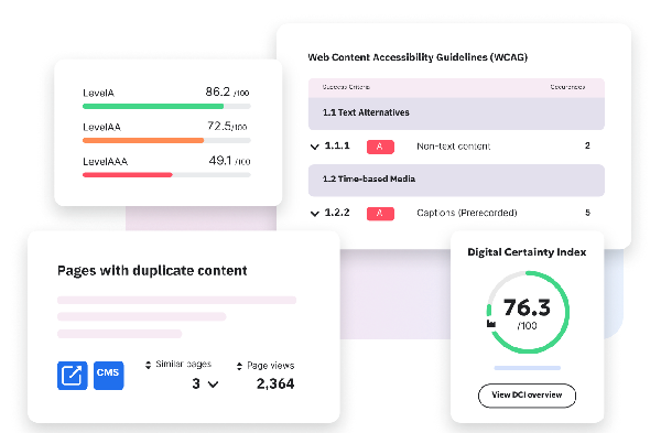 Siteimprove platform dashboard examples including Level A, AA, and AAA conformance progress, the WCAG guidelines with issues, duplicate content check and the Digital Certainty Index scoring