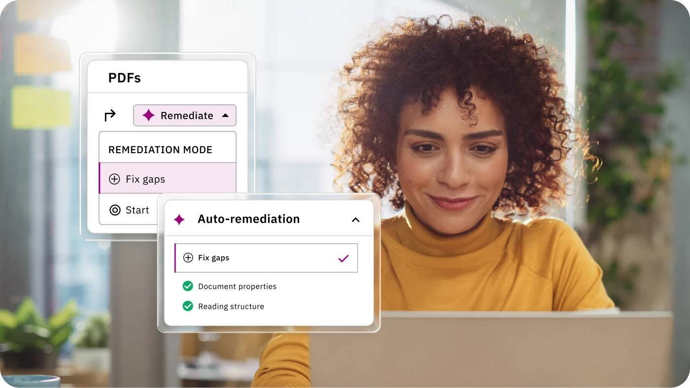 Professional reviewing automated PDF accessibility remediation in the Siteimprove AI platform.