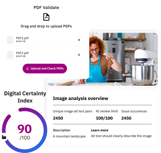 Siteimprove AI platform validating PDFs and analyzing image accessibility and digital certainty.