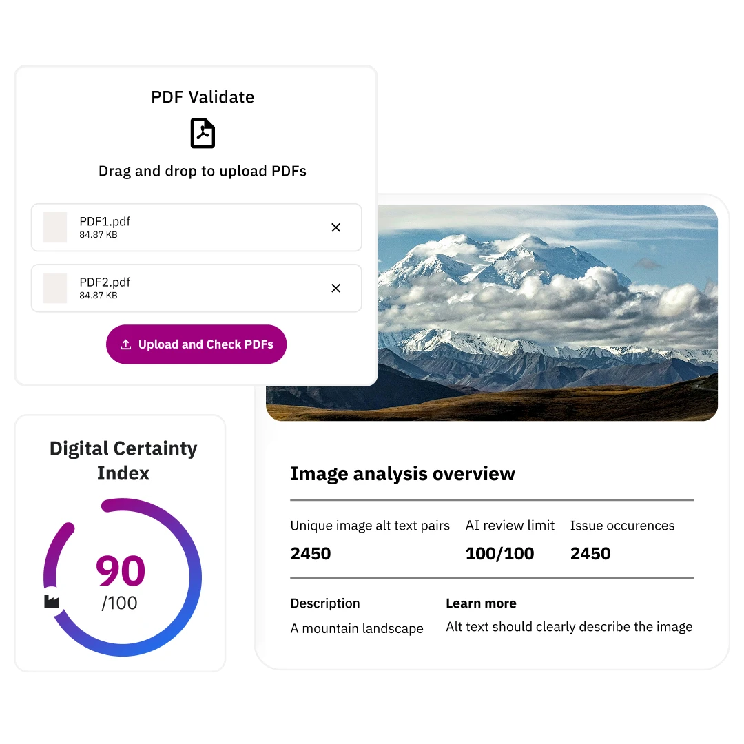 Siteimprove AI platform validating PDFs and analyzing image accessibility and digital certainty.