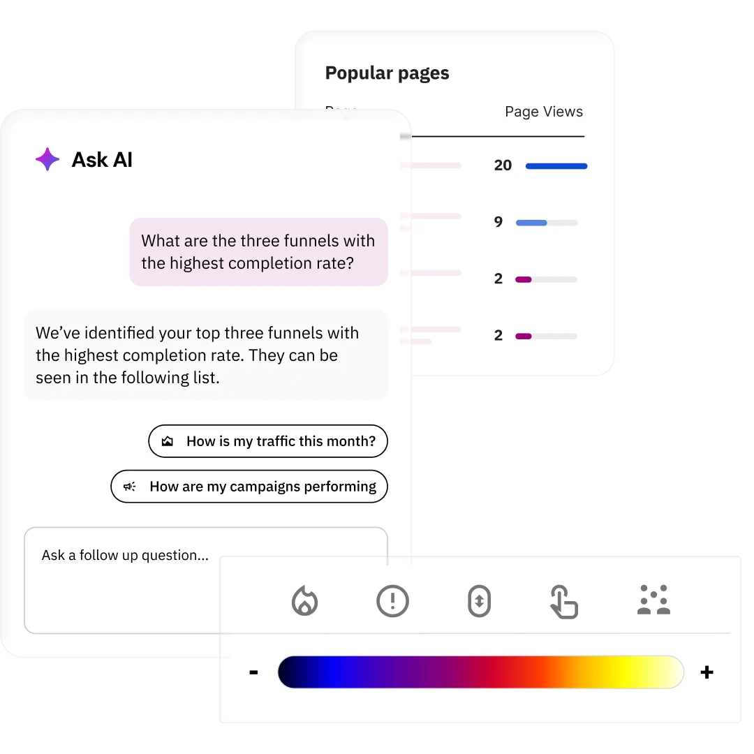 Siteimprove AI analytics interface showing funnel insights, popular pages, and accessibility visualization tools.