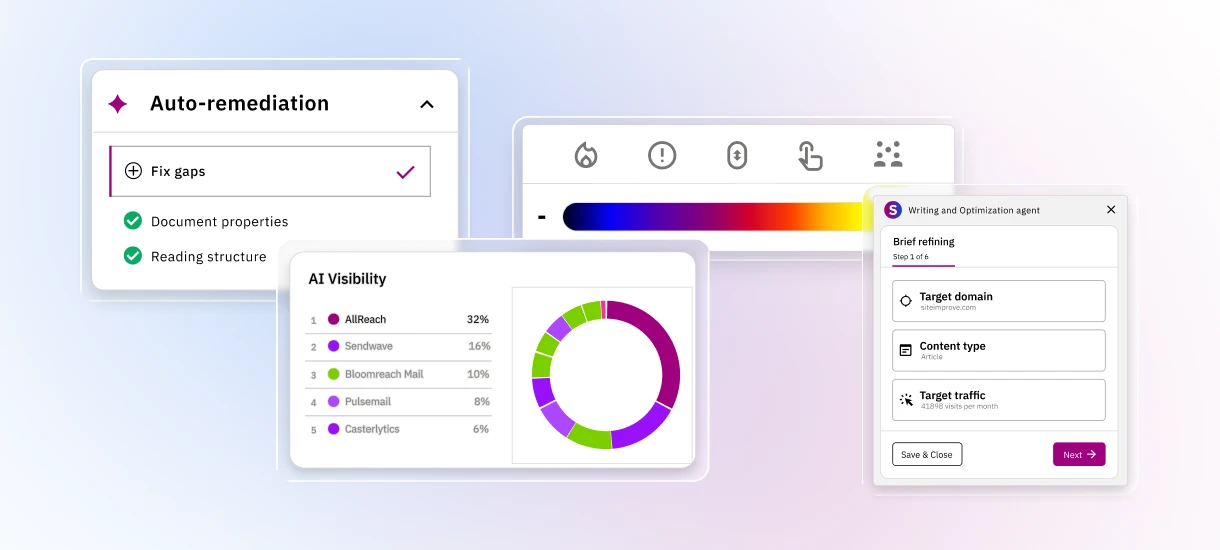 Siteimprove.ai platform showing accessibility remediation, AI visibility, and content optimization tools.